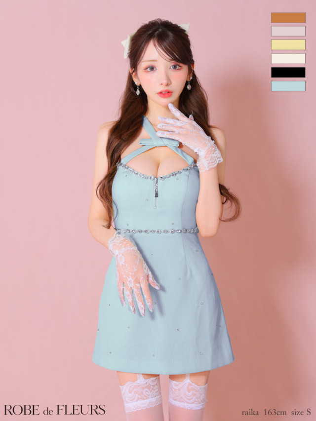 XSサイズあり】リボンデザインホルタービジューミニキャバドレス(fm3442)