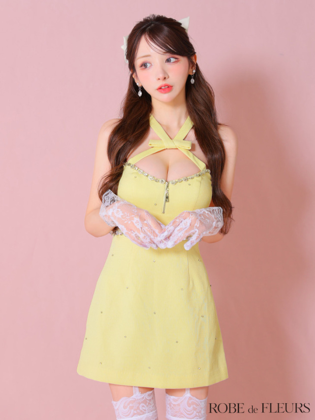 XSサイズあり】リボンデザインホルタービジューミニキャバドレス(fm3442)