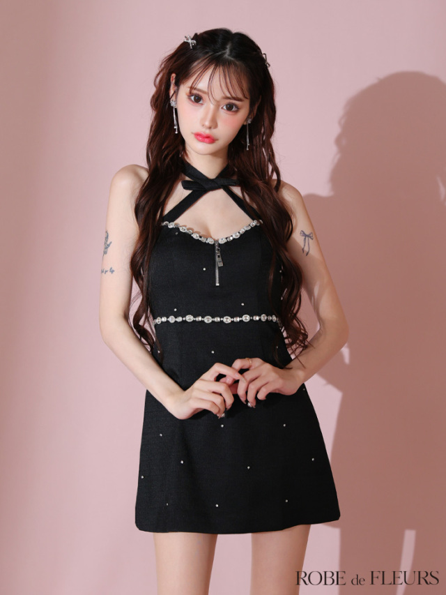 XSサイズあり】リボンデザインホルタービジューミニキャバドレス(fm3442)