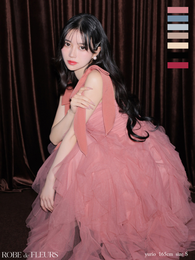 XS～Lサイズあり】ボリュームチュールショルダーリボンフレアロング