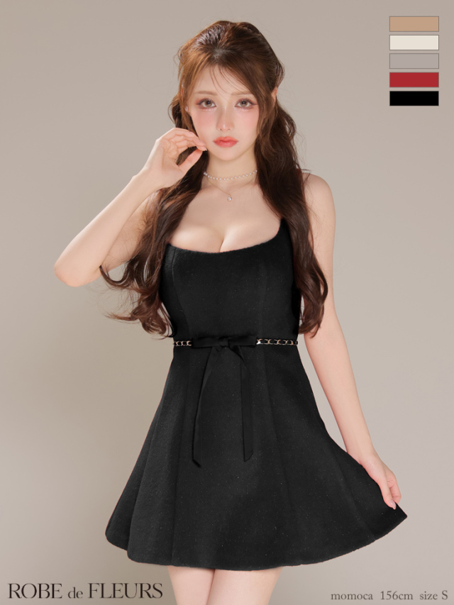 XSサイズあり】ウエストリボンラメ入りメルトンフレアミニキャバドレス