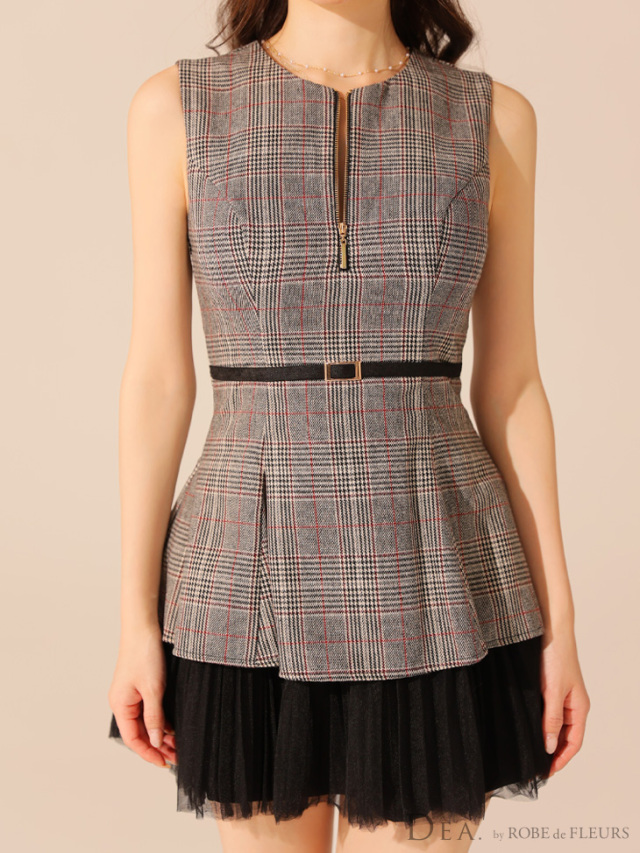 XS～Lサイズあり】チェックノースリーブベルトデザインチュールミニ