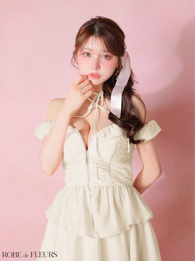 XSサイズあり】フリルオフショルリボンミニセットアップキャバドレス