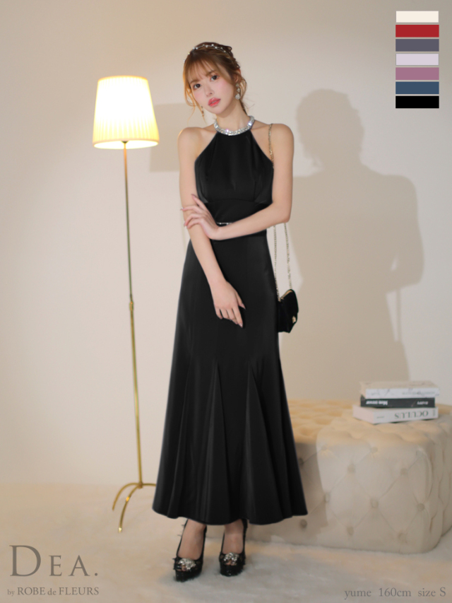 Lサイズあり】ホルタービジューサテンロングキャバドレス(DE3505)