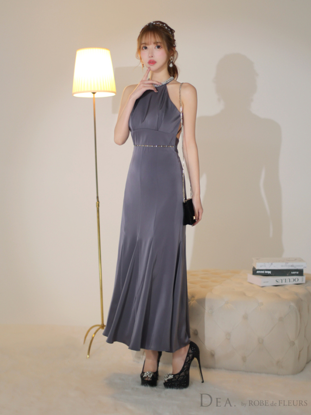 Lサイズあり】ホルタービジューサテンロングキャバドレス(DE3505)