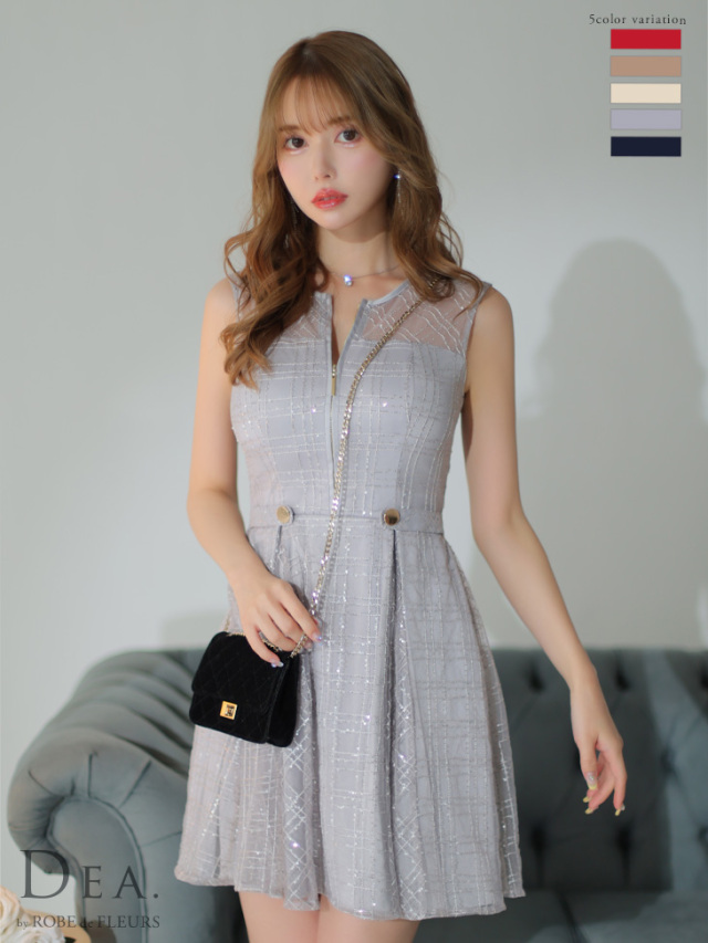 Lサイズあり】チェック柄刺繍レースフレアミニキャバドレス(DE3502)