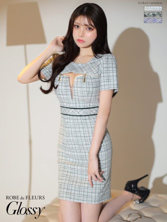 XS～Lサイズあり】袖付きツイードニット×フロントジッパータイトミニ