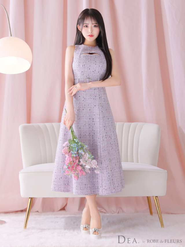 Lサイズあり】ノースリーブバストカットツイードフレアロングキャバ