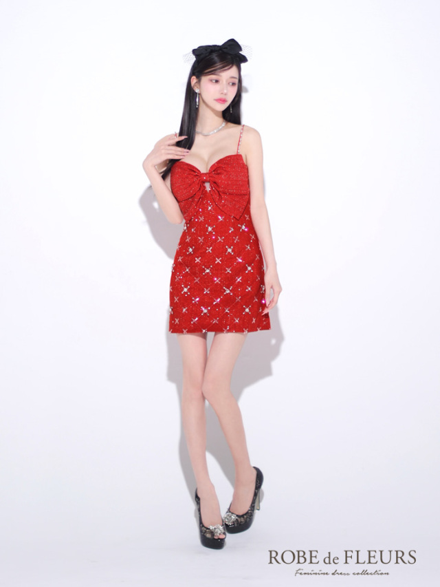 XSサイズあり】ビッグリボンスパンコールツイードミニキャバドレス(fm3572)