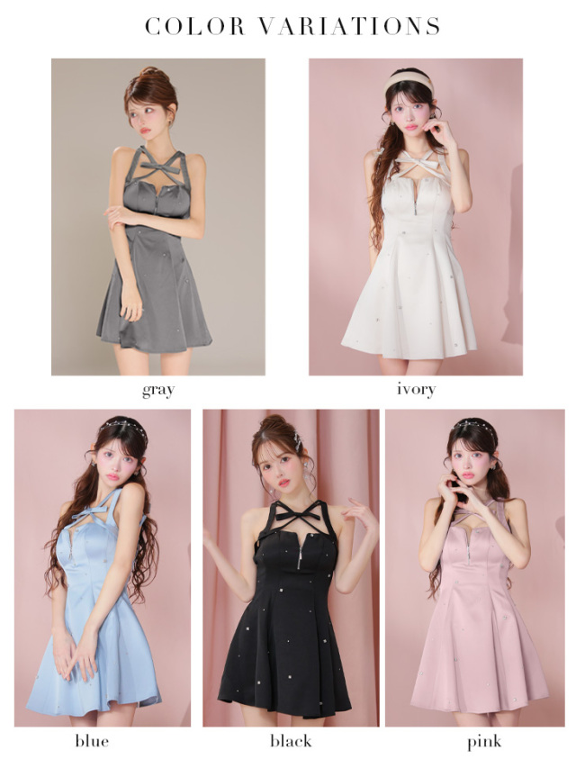 XSサイズあり】サテンネックリボンバストジップフレアミニキャバドレス