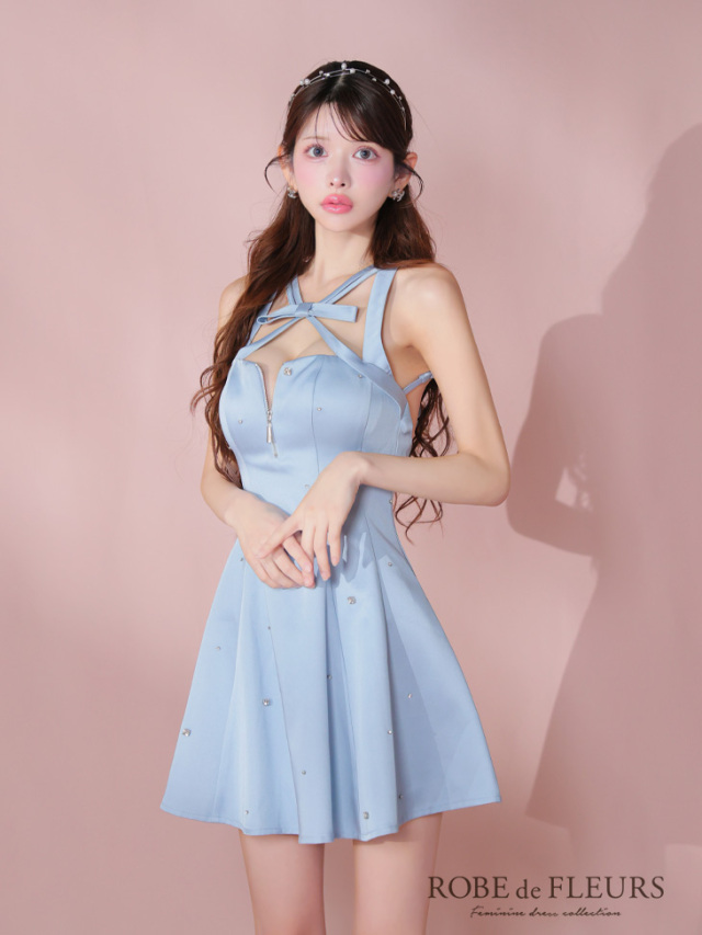 XSサイズあり】サテンネックリボンバストジップフレアミニキャバドレス