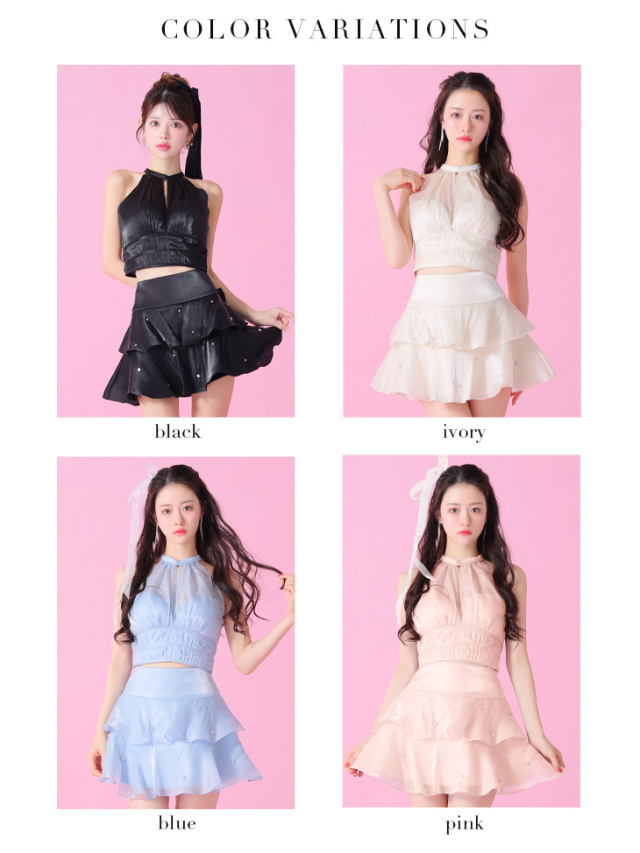 XSサイズあり】サテンホルターティアードフレアミニキャバドレス(fm3593)