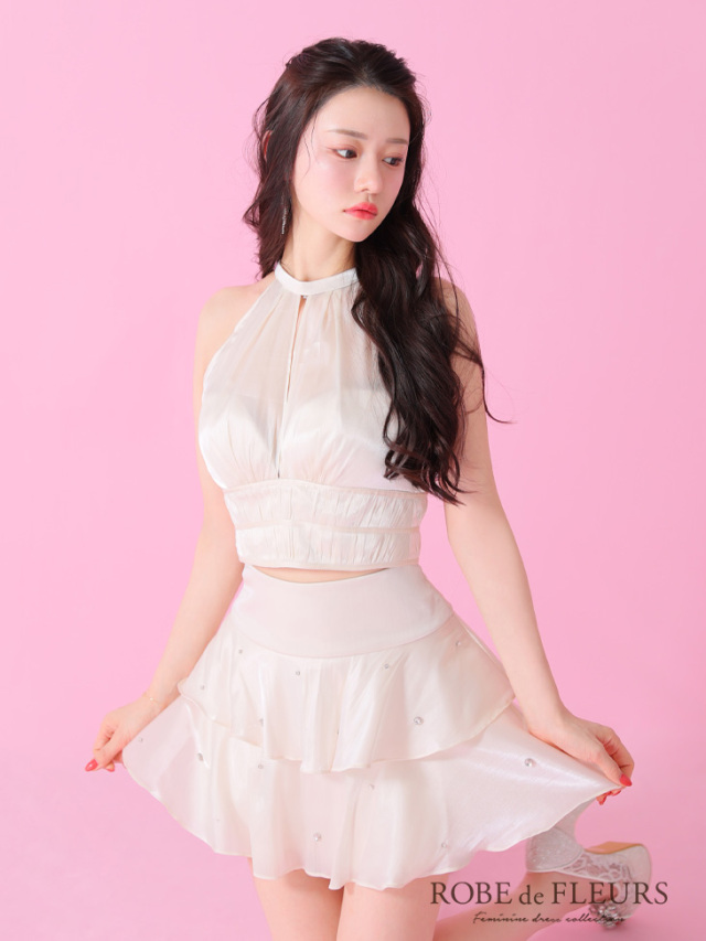 XSサイズあり】サテンホルターティアードフレアミニキャバドレス(fm3593)