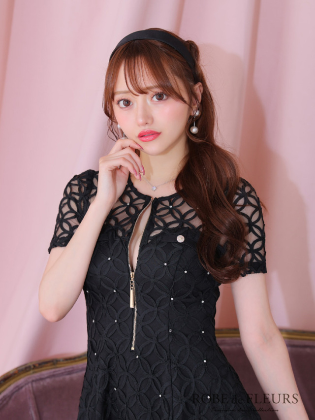 XSサイズあり】シースルーレースビジューバストジップミニキャバドレス