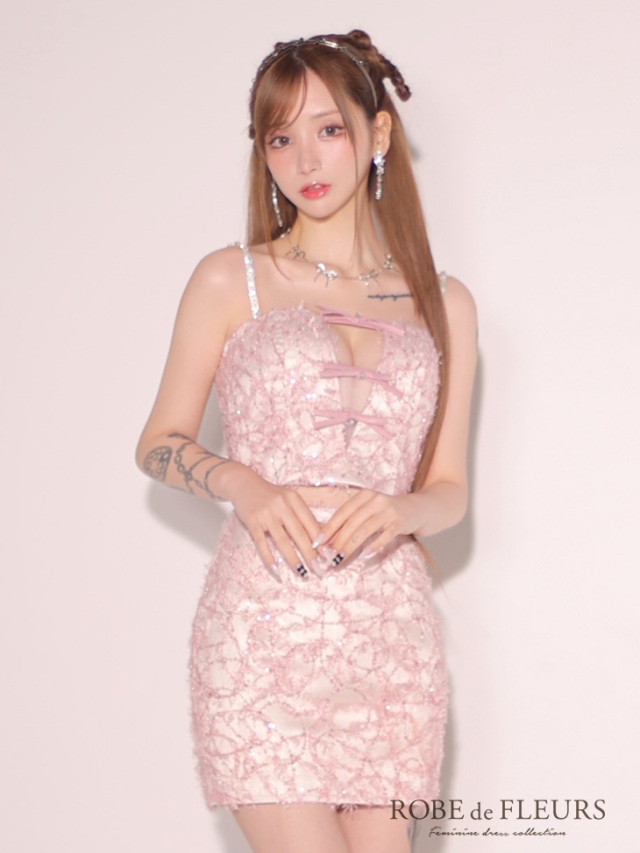 XSサイズあり】フェザーレースミニリボンセットアップミニキャバドレス