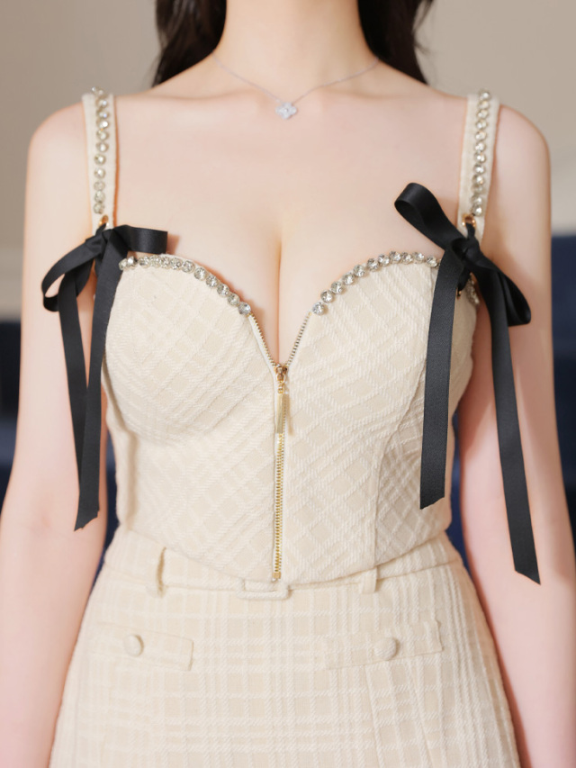 XSサイズあり】スエードリボン×チェックツイードベルトデザイン