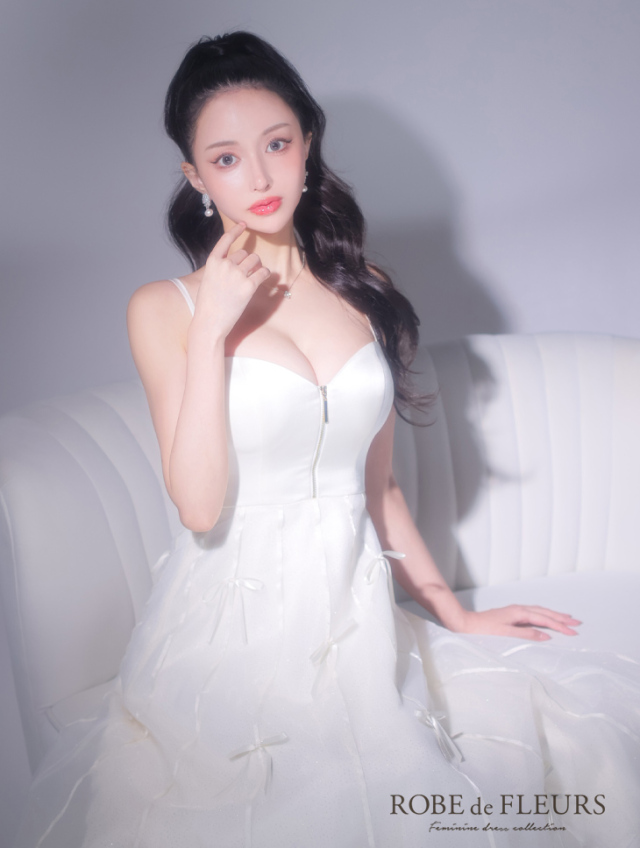 Lサイズあり】センタージップフレアリボンチュールミディキャバドレス