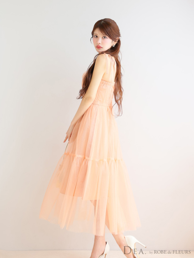 XS～Lサイズあり】ショルダーリボンフレアチュールロングキャバドレス