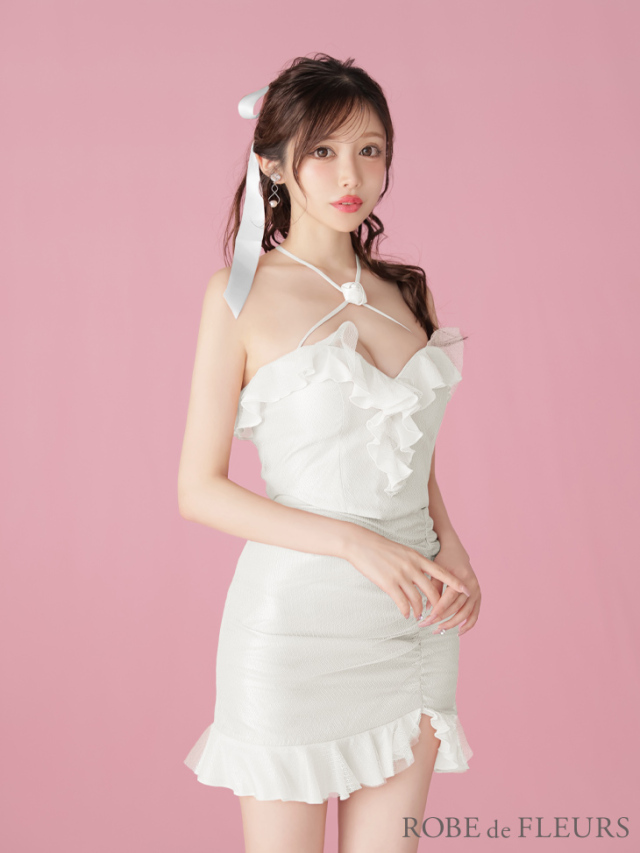 XSサイズあり】ローズクロスネックサテンフリルミニキャバドレス(fm3756)