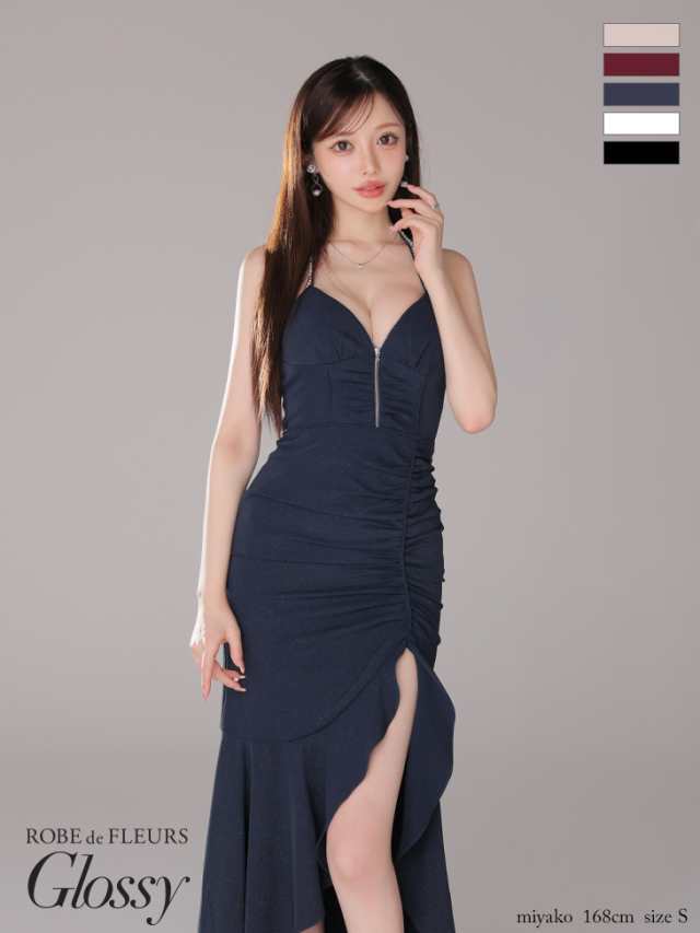 XSサイズあり】ラメロングフリルスリットキャミキャバドレス(GL3902)