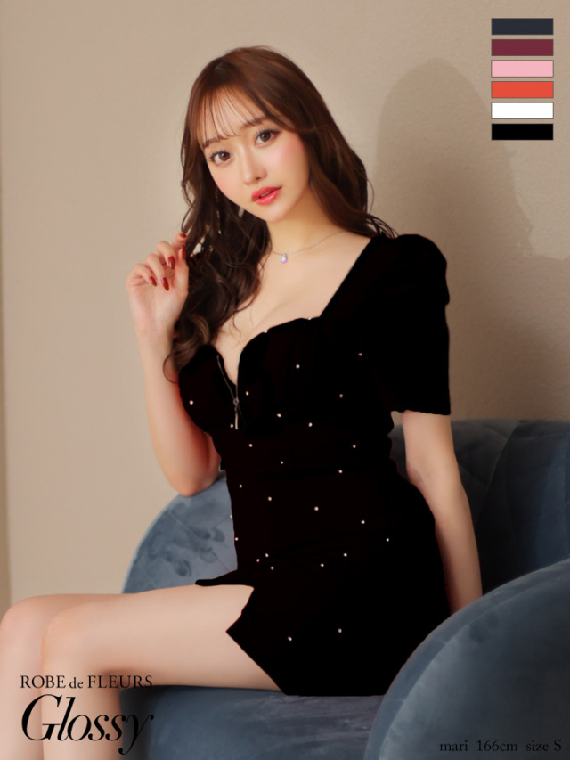 XS～Lサイズあり】フロントジッパーxパフスリーブミニキャバドレス(GL3154)