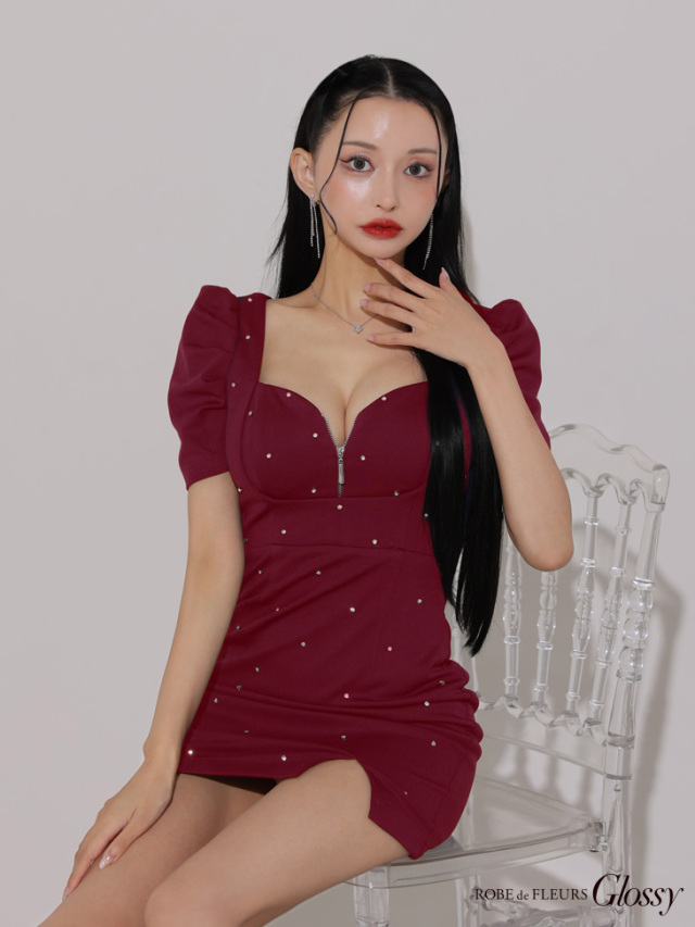 XS～Lサイズあり】フロントジッパーxパフスリーブミニキャバドレス(GL3154)