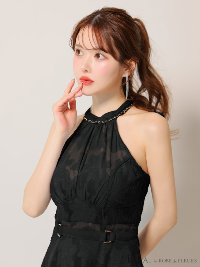 Lサイズあり】ホルターネックバックリボンレースフレアロングキャバ