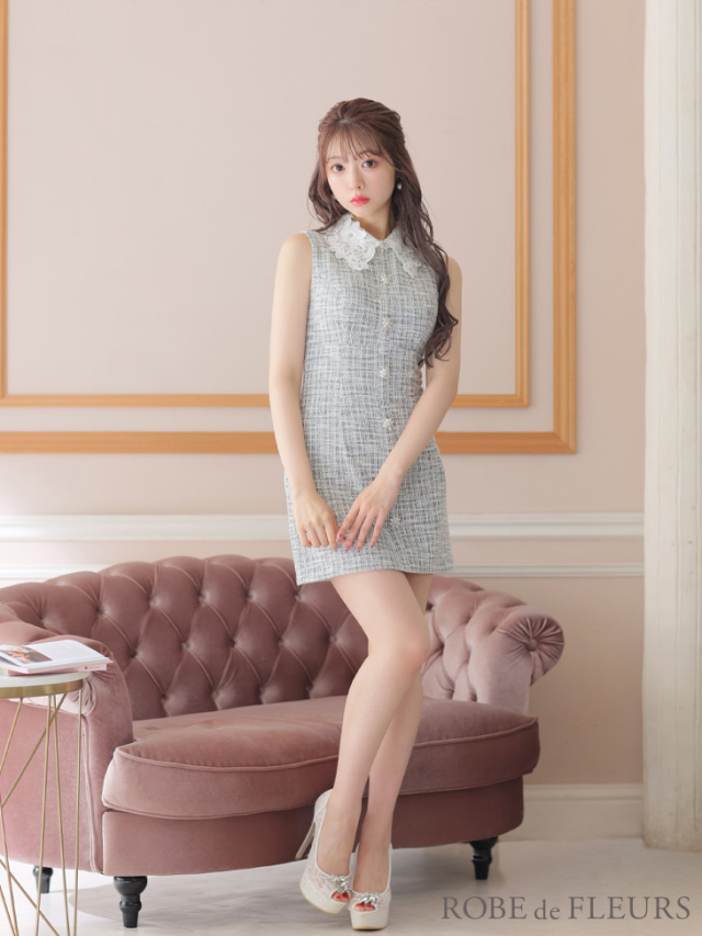 XS～Lサイズあり】フラワーカラー×ニットツイードミニキャバドレス(fm3218)