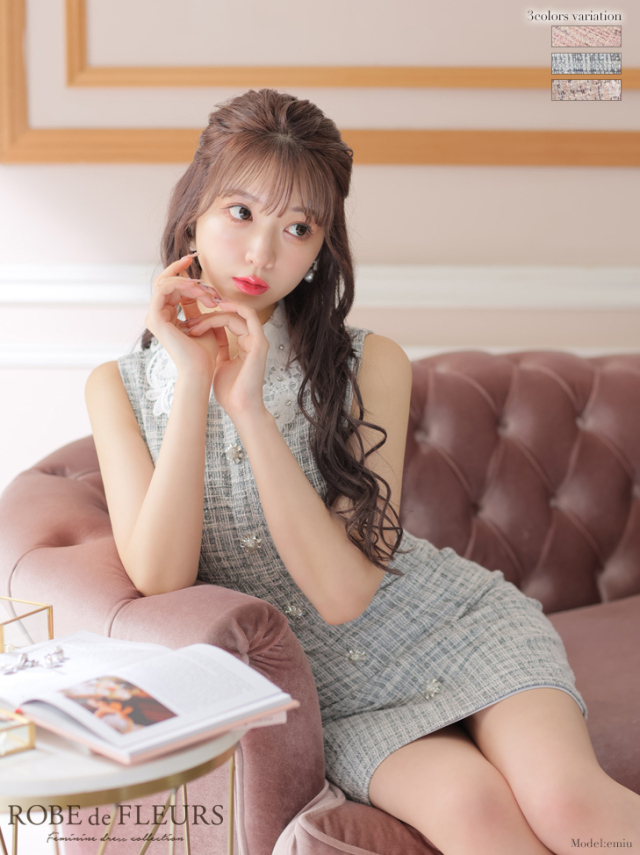 XS～Lサイズあり】フラワーカラー×ニットツイードミニキャバドレス(fm3218)