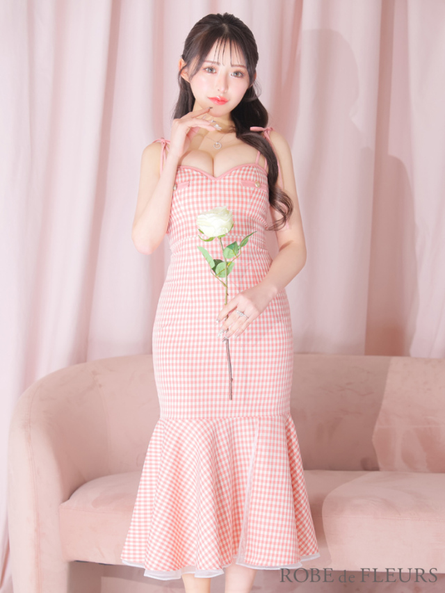 ショルダーリボンギンガムチェックマーメイドキャバドレス(fm3248)