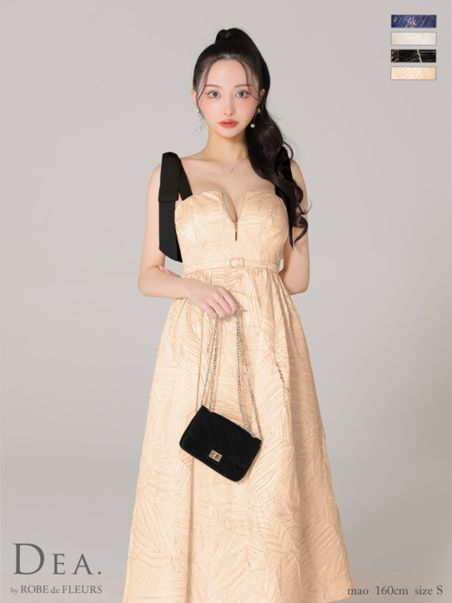 Lサイズあり】ジャガードフレアサテンリボンロングキャバドレス(DE3268)