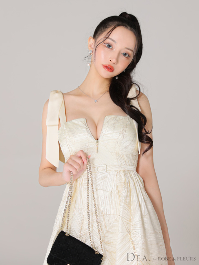 Lサイズあり】ジャガードフレアサテンリボンロングキャバドレス(DE3268)