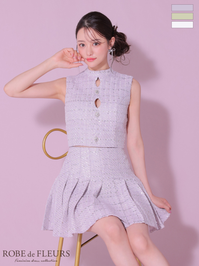 XSサイズあり】ラメツイードビジューボタンノースリーブキャバドレス