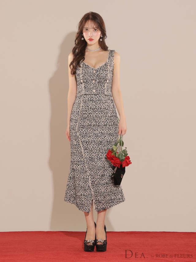 Lサイズあり】ツイードセットアップマーメイドミディキャバドレス(DE3273)