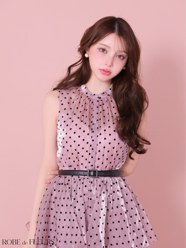 XS～Lサイズあり】ベルト付きドットオーガンジーティアードロング