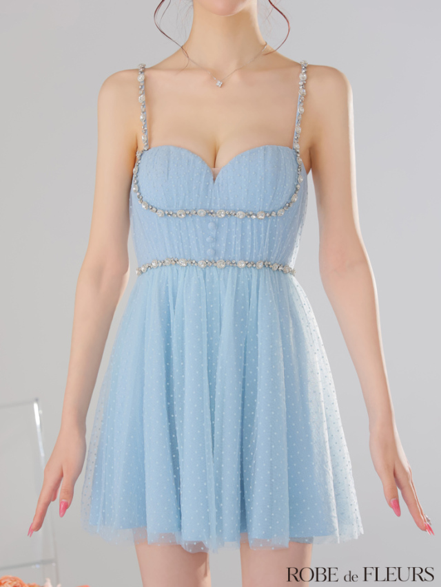 XS～Lサイズあり】ドットチュールビジューフレアミニキャバドレス(fm3297)