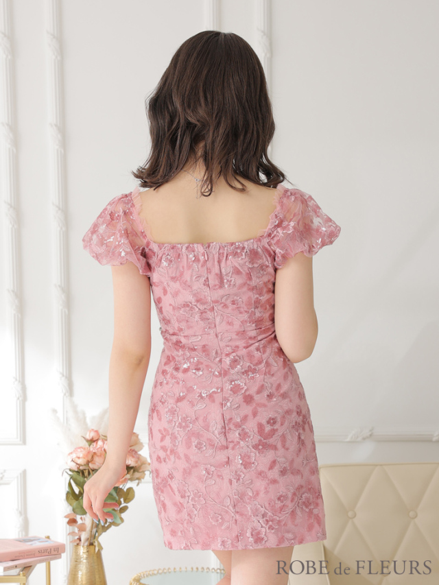 XSサイズあり】スパンコール付き刺繍レースxパフスリーブミニキャバ