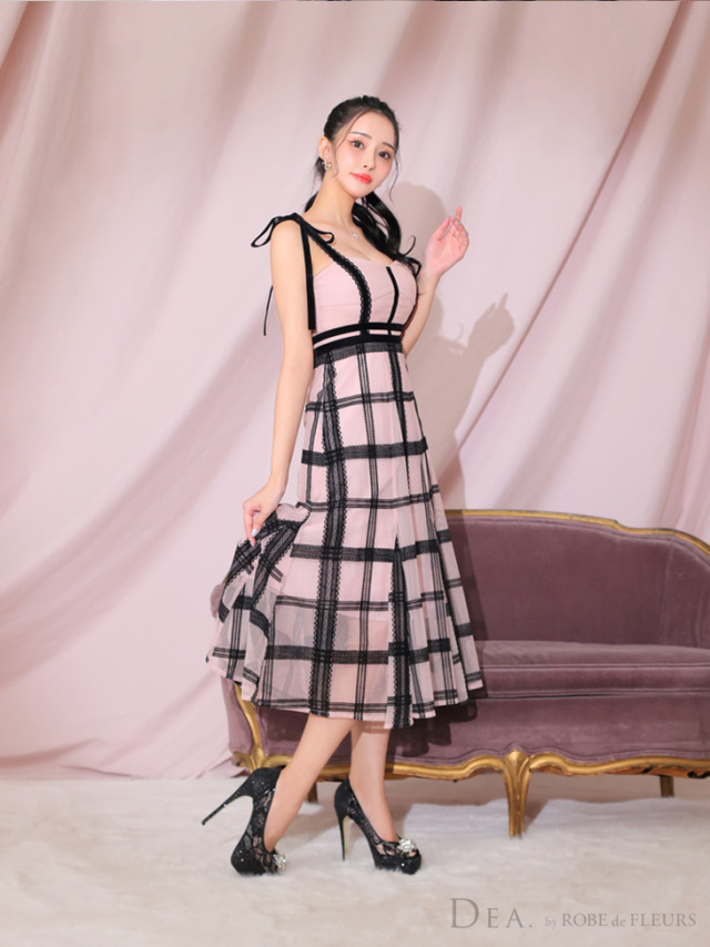 Lサイズあり】チュールチェックフレアロングキャバドレス(DE3313)