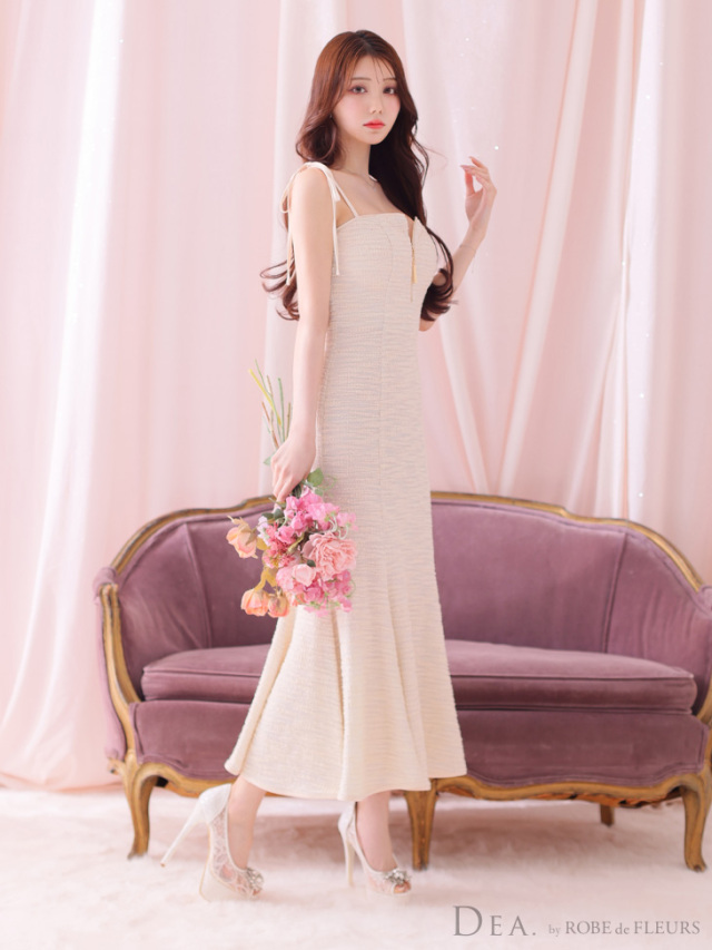 Lサイズあり】肩紐リボン×ニットツイードマーメイドキャバドレス(DE3328)