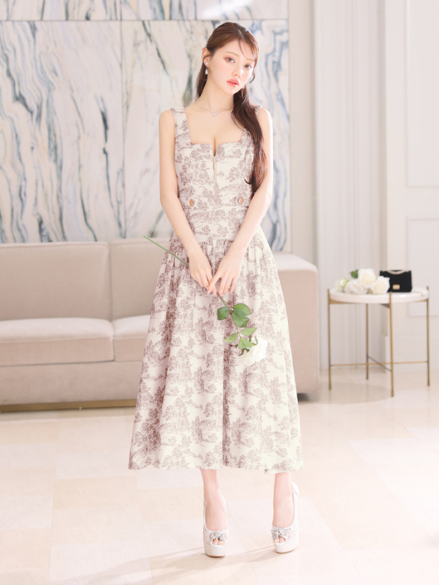 Lサイズあり】ジャガード×バストジッパーフレアロングキャバドレス(DE3334)