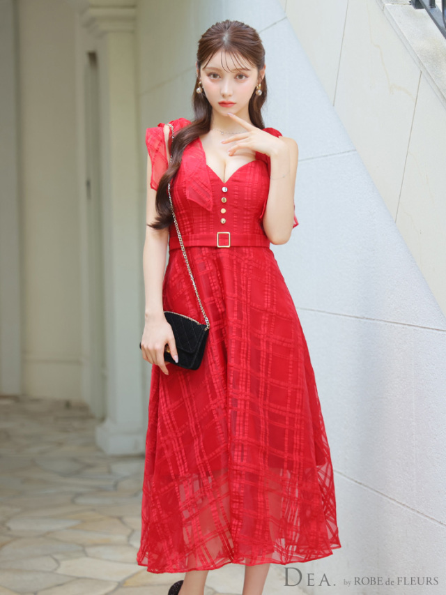 XS～Lサイズあり】肩リボン×チェック柄オーガンジーフレアロングキャミ