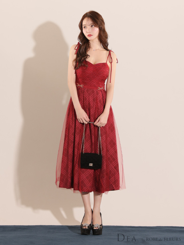 Lサイズあり】チュールチェックベルトデザインキャミロングキャバ