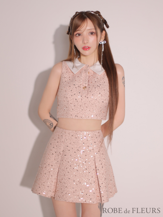 XSサイズあり】襟つきスパンコールツイードノースリーブプリーツ