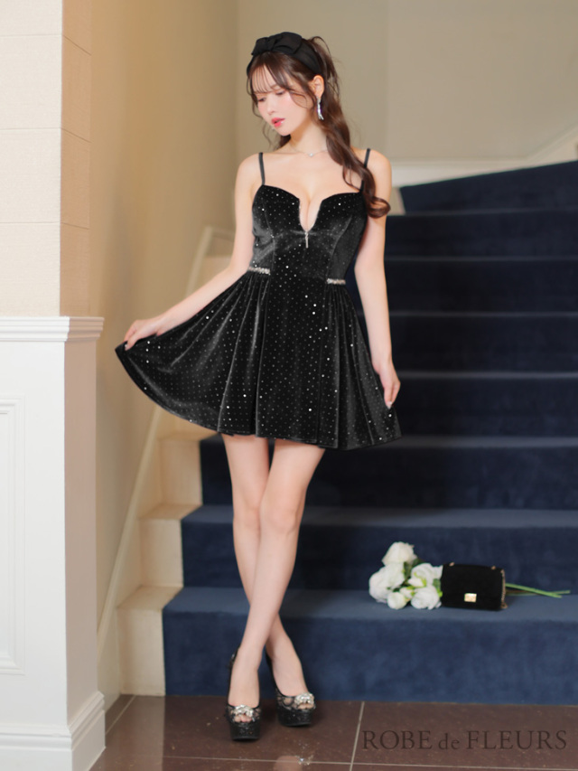 XSサイズあり】ストーン付きベロアウエストビジューフレアミニキャバ