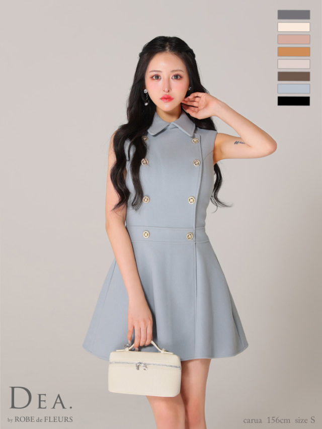 XSサイズあり】襟付きノースリーブダブルボタンフレアミニキャバドレス