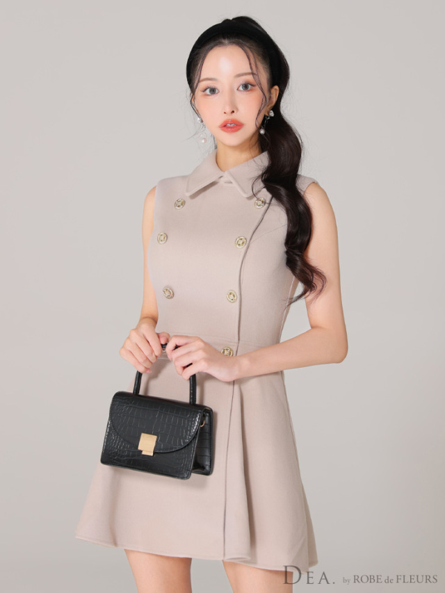 XSサイズあり】襟付きノースリーブダブルボタンフレアミニキャバドレス