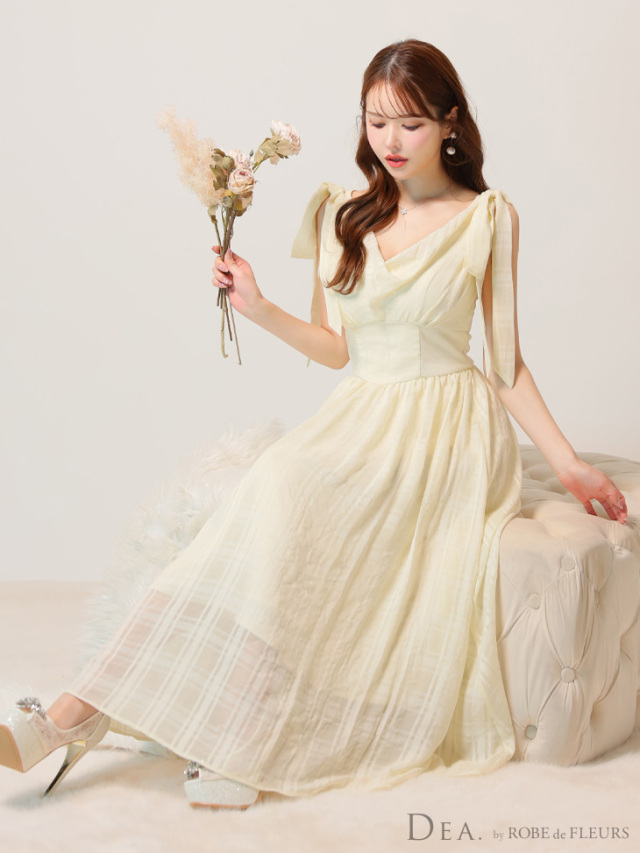 Lサイズあり】チェックシフォンショルダーリボンフレアロングキャバ