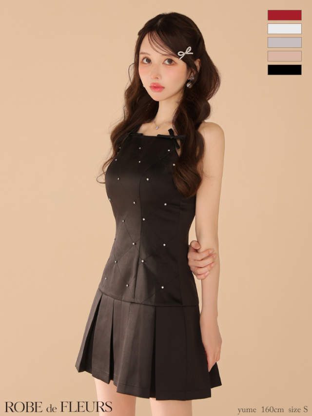 XSサイズあり】サテンビジューリボンボックスプリーツミニキャバドレス