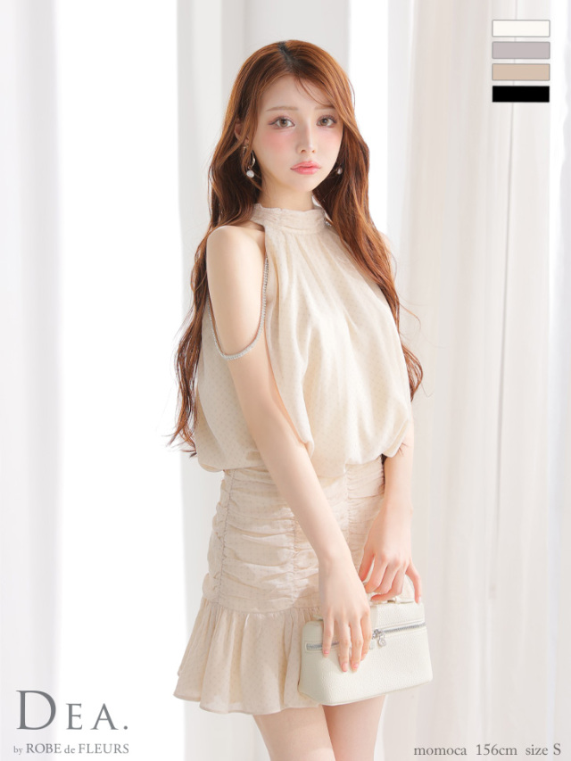 XS～Lサイズあり】ドットシフォンホルターネックフレアミニキャバ