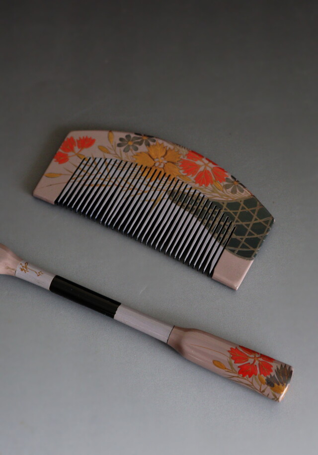 蒔絵櫛・笄セット 漆器 髪飾り 色漆 和装小物 伝統工芸 Antique Sam's